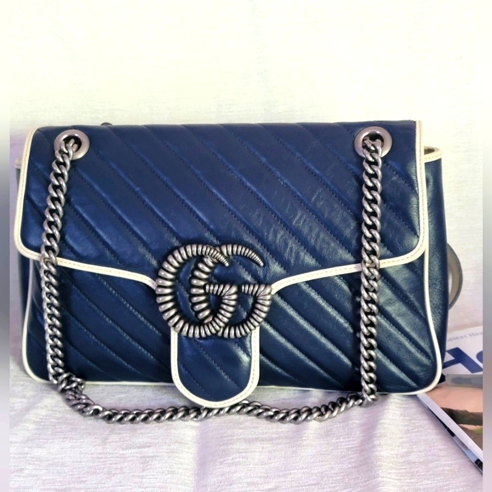 Auth 💝Gucci Blue and White Marmont Shoulder Bag